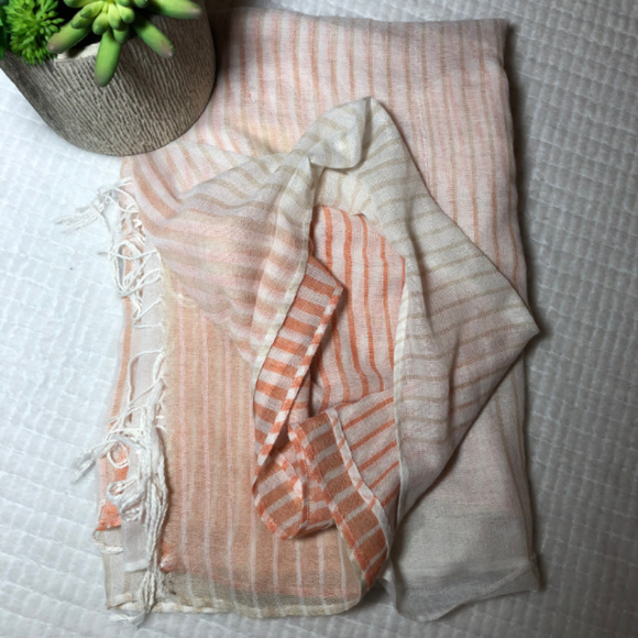 Sheer Salmon and Cream Stripe Fringe Scarf - Picture 1 of 4